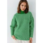 Hiccup Kadınlar MY FASHION Uzun Balıkçı Yaka Geometrik Desenli Fitilli Kazak Çam Yeşili - Standart