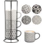 Hiceeden Metal Standlı 4'lü Kahve Kupası Seti, 15 oz İstiflenebilir Espresso Fincanları Kakao, Latte, Americano, Kapuçino veya İçecekler için Seramik Kahve Kupaları