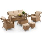 Hier Zen Rattan Puflu Bahçe Mobilyası 3+1+1 Kahverengi 7 Kişilik Premium Bahçe Takımı Balkon Mobilyası - Kahveregi
