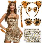 Hifot 7 parçalı kostüm leopar yetişkin kız, leopar kafa bandı, kedi kulakları, papyon kuyruğu, eldiven, geçici çıkartmalar, leopar küpe, kostüm, hayvanlar, cadılar bayramı kostümü