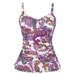 Hilor Kadın 50'ler Retro Dantelli Tankini Mayo Üst Fırfırlı Kenarlı, Kırmızı Şal Desenli,