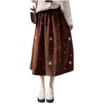 HIMI HIMIFASHION Kadın vintage kadife etek, modaya uygun, tatlı çiçek işlemeli, evaze uzun midi etekler, yüksek bel, günlük, kloş etek, kahverengi, L