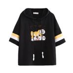 Himifashion Kadın Kawaii Tişört Sevimli Köpek İşlemeli Kazak Kapüşonlu Kazak Üst Tişörtler Kısa Kollu Tişört Bluz, siyah, One Size