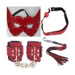 Hintohu Deri Fantezi Maske Kırmızı +Deri Fantezi Ağız Topu+Deri Fantazi Kelepçe+Deri Fantazi Kırbaç 4 Lü Set