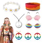 Hippie Accessoires 60 70'li yılların hippi kostümü aksesuarı - 8 adet karnaval çifti hippi seti, kadın, erkek, gözlük, barış, kolye, batik alın bandı, hippi, retro, disko çiçek gücü, slogan, parti,