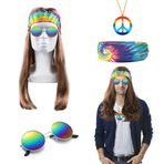 Hippie Kostümü Erkek 4 Parça Set: Peruk + Güneş Gözlüğü + Barış Kolyesi + Kafa Bandı, Erkek Hippi Kostümü, Karnaval, Faşing, 70'li Yıllar Temalı Parti, Cadılar Bayramı Kostümü-B