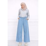 HİRA LİFE FASHİON Kadın Mavi Yazlık Paçası Püsküllü Ve Önü Bağcıklı Tesettür Giyim Yıkamalı Salaş Kot Pantalon
