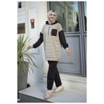 HİRA LİFE FASHİON Moda Efsa Tesettür Giyim Kapüşonlu ve Önü Yarım Fermuarlı Çizgili 2 İplik Pantalon İle Tunik Takım