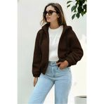 hiramir Peluş Kapüşonlu Kadın Bomber Mont Kahverengi KS2503