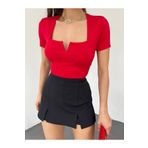 hiraz fashion Kadın Kırmızı Kare Yaka Sandy Kumaş Crop Bluz