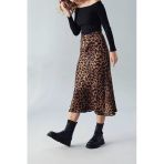 Hisleria Leopar Desen Viskon Saten Kumaş Midi Boy Kahverengi Etek
