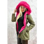 HitDukkan Yeşil Haki Bayan Mont Pembe Kürklü Düz 123456971512 Tükeniyor (Pembe, XL)