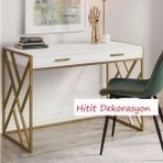 Hitit Dekorasyon Zeron Gold Metal Çekmeceli Ahşap Çalışma Masası - Y: 80 cm D: 50 cm G: 120 cm - Beyaz