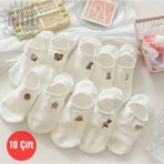 Hitit Socks Kadın 10 Çift Premium Çiçek Ve Hayvan Desenli Görünmez Babet Çorap Şeker Beyazı ASORTİ