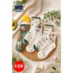 Hitit Socks Kadın 5 Çift Premium Kabartma Desenli Çiçek ve Çizgi Desenli Uzun Soket Çorap Yeşil - 35 - 40 - Çok Renkli