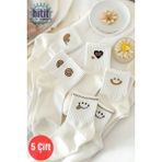 Hitit Socks Kadın 5 Çift Premium Kalite Gülen Surat ve Kalp Desenli Kısa Soket Çorap - 35 - 40 - Çok Renkli