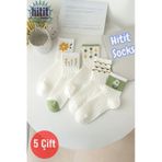 Hitit Socks Kadın 5 Çift Premium Kalite Yeçil Çiçek Desenli Soket Çorap Beyaz - Yeşil