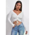 HızlAlll 225 Kadın Beyaz Uzun Kollu Büzdürme Bağcık Detaylı Crop Top Bluz Under Secret
