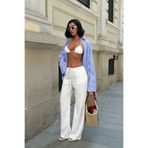 HLT JEANS Beyaz Kadın Bel Lastik Detaylı İnce Dökümlü Baggy Keten Görünümlü Pantolon EMİLY-3021