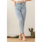 Hlt Jeans Yıpratmalı Mavi Kar Kadın Mom Jean Yüksek Bel Likrasız %100 Pamuk Kot Pantolon ANNA-2075 - Kar Yıkama - Mavi - 44