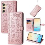 HMLTD Sevimli Düz Renk Kabartmalı Telefon Kılıfı Samsung Galaxy S24 Ultra Plus GalaxyS24 ile Uyumlu Muhafaza Manyetik Tokalı Kapaklı Kapaklı Takılabilir Kart Telefon Kılıfı (Gül Altın, Samsung S24)