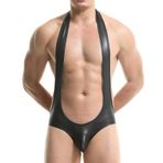 HMRICHNO1 Erkek Suni Deri Bodysuit Leotard Güreş Atlet Tulum Halter Sırtı Açık Tek Parça İç Çamaşırı, Siyah Tanga, L