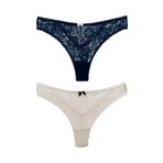 HNX UNDERWEAR 2'li Taş ve Tül Detaylı Dantel Tanga Kadın Külot Lacivert Ekru XL hnxNM7492