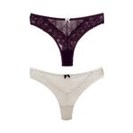 HNX UNDERWEAR 2'li Taş ve Tül Detaylı Dantel Tanga Kadın Külot Mor Ekru XL hnxNM7487