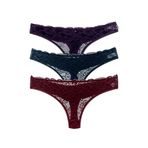 HNX UNDERWEAR 3'lü Önü Dantel Arkası Çift Kat Pamuklu Tanga Kadın Külot Mor Lacivert Bordo M hnxNM7631