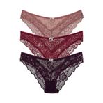 HNX UNDERWEAR 3'lü Taş Detaylı Önü Tül Dantelli Slip Kadın Külot Mor-Bordo-Vizon L hnxNM1255