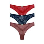 HNX UNDERWEAR 3'lü Taş ve Tül Detaylı Dantel Tanga Kadın Külot Kırmızı Lacivert Vizon L hnxNM7506