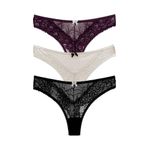 HNX UNDERWEAR 3'lü Taş ve Tül Detaylı Dantel Tanga Kadın Külot Mor Ekru Siyah XL hnxNM7514