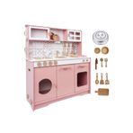 HOBBY HOUSE Fayans Desenli Pembe Ahşap Oyuncak Çocuk Mutfak 9 Parça Servis Seti Ve Led Hediyeli
