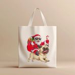 Hobi Hediye Noel Baba ve Pug Köpek Temalı %100 Pamuklu Ham Bez Çanta - 35 x40