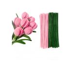 Hobialem 50 Adet Pembe ve Koyu Yeşil Renkli Şönil , Çiçek Yapım Seti, Tüylü Tel, 30 Cm, Peluş Te