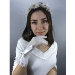 Hobigram Beyaz Büyük Fiyonklu Eldiven Ve Krem İncili Taç Nikah Takımı