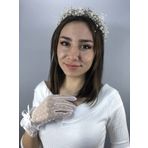 Hobigram Beyaz Puantiyeli Eldiven Ve Krem İncili Taç Nikah Takımı