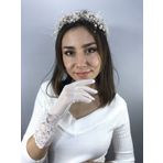 Hobigram Beyaz Uzun Gelin Eldiveni Ve Krem İncili Taç Nikah Takımı