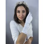 Hobigram Beyaz Uzun Püsküllü Saten Eldiven Ve İncili Taç Nikah Takımı