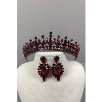 Hobigram Bordo Catherine Taşlı Kına Gelin Tacı Ve İnce Mekikli Küpe Takımı
