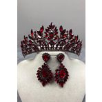 Hobigram Bordo Denver Ful Taşlı Kına Gelin Tacı Ve Abiye Küpe Seti