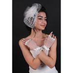 Hobigram Düğün Nikah Ürünü Puantiyeli Gelin Nikah Şapkası Ve Gül detaylı Yarım Parmak Gelin Eldiveni