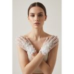 Hobigram Florienne Beyaz Lace Tül Gelin Eldiveni – İşlemeli Çiçek & İnci Detaylı Şık Nikah Aksesuarı