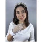 Hobigram Krem İncili Taç Ve Beyaz Kenarlı Gelin Eldiveni Nikah Takımı