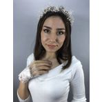 Hobigram Krem İncili Taç Ve Beyaz Püsküllü Bileklik Nikah Takımı
