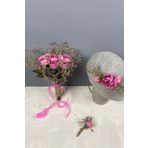 Hobigram Pembe Şakayık Çiçekli Otlu Gelin El Çiçeği Tacı Ve Yaka Çiçeği Seti