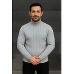 Hobilinka Erkek Balıkcı Yaka Bağazlı Triko Kazak Pamuklu Kalın Fitilli Dokuma Regular Fit Uzun - Gri - 2XL