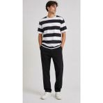 Hobilinka Erkek Çizgili Oversize Tişört Bisiklet Yaka Kısa Kol Yazlık T-Shirt - Siyah - M