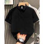 Hobilinka Erkek Yakalı Pike Kumaş Tişort Düğmeli Düz Kısa Kol T-Shirt - Siyah