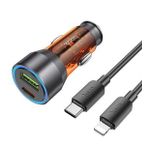 Hoco NZ12A Action PD43W USB + Type-C Araç Çakmaklık Hızlı Şarj Aleti + Type-C To iPhone Lightning Ka - Turuncu